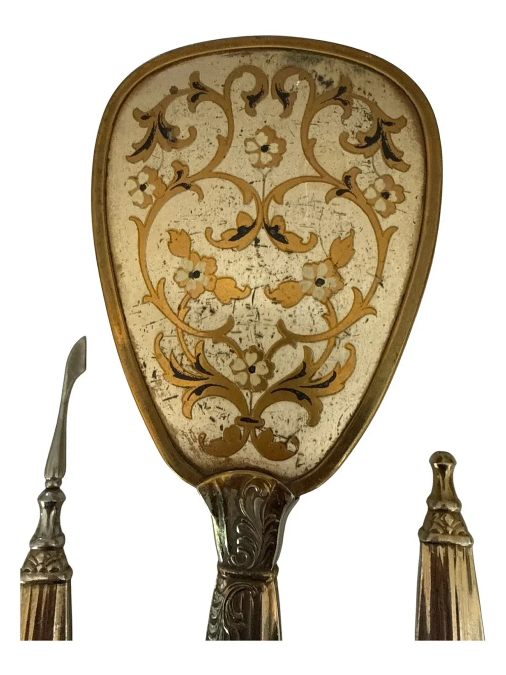 Vintage Vanity Brush Nail Tool Dresser Set Gold Floral Hollywood Regency‎